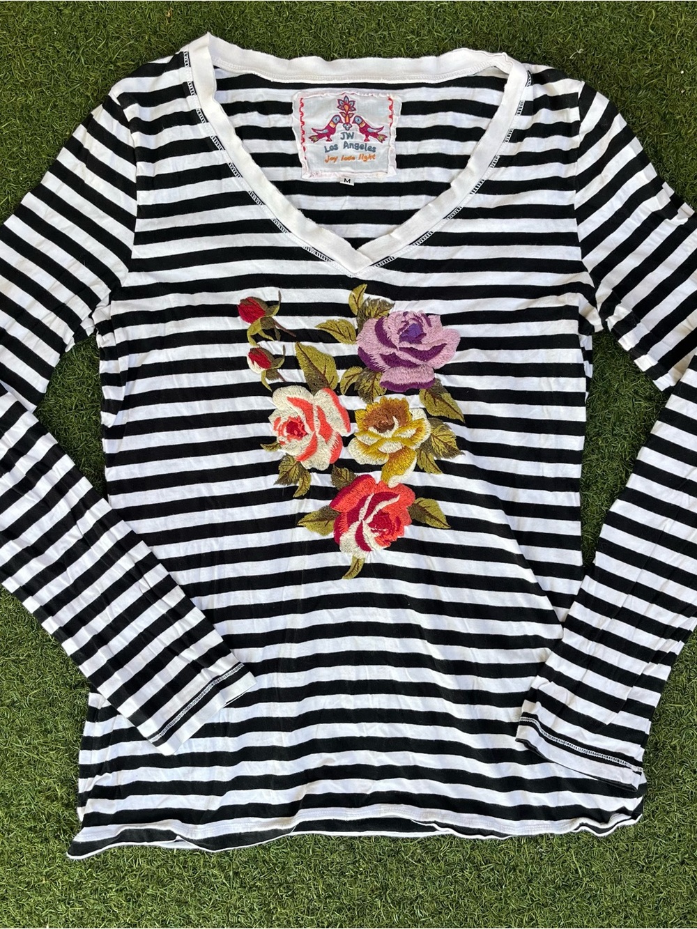JWLA Johnny Was Striped Floral Embroidered Long Sleeve V-Neck Top